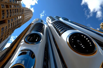 Poster - 3D digital rendering of a futuristic Objectivist city, with clean lines and towering structures representing individual achievement and rational design