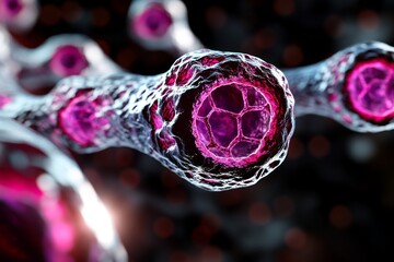 Poster - 3D digital rendering of a human cell membrane, with floating ion channels and dynamic movements of ions passing through the membrane