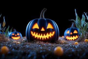 Poster - 3D digital rendering of glowing jack-o'-lanterns, with friendly, smiling faces arranged in a festive autumn display surrounded by hay bales and corn stalks