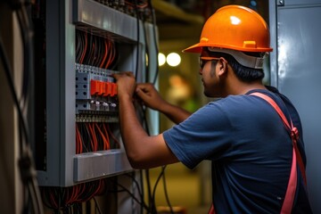 Poster - Electrical technician working hardhat helmet adult.