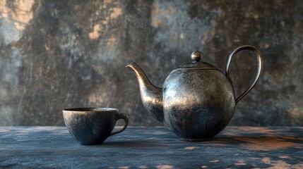 Aufkleber - A vintage tea kettle sits beside an elegant cup on a textured surface, creating a warm and inviting atmosphere perfect for tea time. Generative AI
