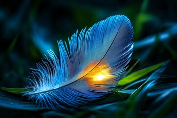 Leinwandbilder - Close-up of a cerulean feather, with soft textures and a delicate, ethereal glow from the light filtering through