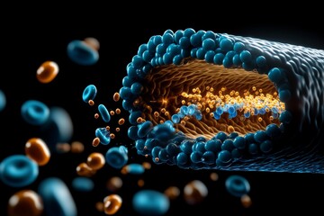 Poster - Close-up of a human cell membrane, showing lipid bilayers and ion channels embedded in the membrane, with ions passing through in real time