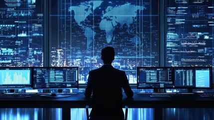 Poster - the future of technology a silhouette in a modern control room surrounded by digital interfaces and 