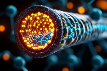 Poster - Close-up of a human cell membrane, showing lipid bilayers and ion channels embedded in the membrane, with ions passing through in real time