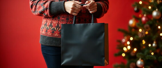 Christmas Shopper Holding Black Gift Bag, concept for holiday shopping, retail sales, festive discounts, banner with space for text