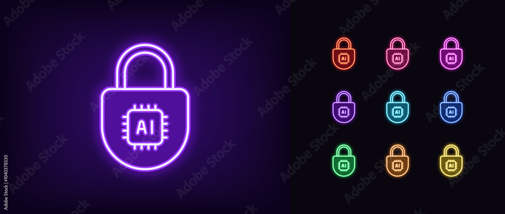 Outline neon AI security, icon set. Glowing neon digital lock with AI ...