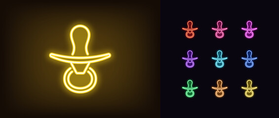 Poster - Outline neon baby pacifier icon set. Glowing neon nursery pacifier for baby mouth, dummy teat. Newborn health care, motherhood, dummy nipple for baby, pacifier toy, nursery soother. Vector icons