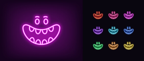 Poster - Outline neon laugh mouth icon set. Glowing neon cartoon monster face with laughing mouth, haha expression. Laughter emoticon, crazy smile, funny joke, comic emoji, monster giggle. Vector icons
