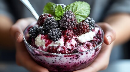 A person holds a bowl of mixed berries and yogurt, enhanced with a mint garnish, embodying a blend of freshness, health, and appetizing presentation.