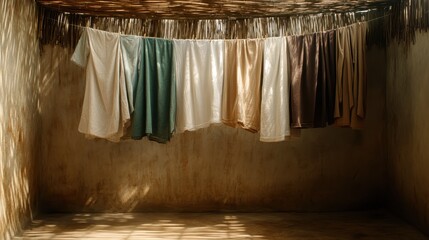 An array of colorful fabrics hangs gracefully on a line inside a rustic room, with sunlight filtering through a bamboo mat ceiling, creating a warm ambiance.