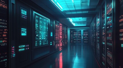 Poster - Futuristic data center corridor with neon lighting and advanced technology interfaces