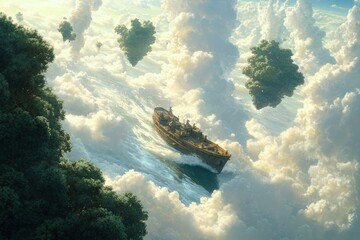 Wall Mural - a boat in the middle of the ocean surrounded by clouds