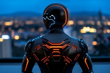 Poster - Cyberpunk figure standing on a rooftop, gazing over a high-tech city, representing the individual navigating a complex, futuristic world