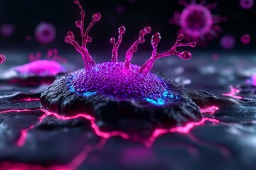 Poster - Cyberpunk-themed ion channels, glowing with neon colors as ions are transported through a high-tech, futuristic cell membrane