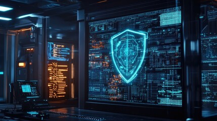 Poster - futuristic cybersecurity interface with digital shield a glimpse into advanced technology and data p