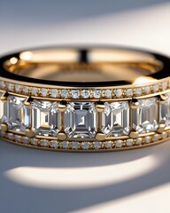 A close-up view of some radiant gold jewelry glistening with diamonds that sparkles in the morning sun.
