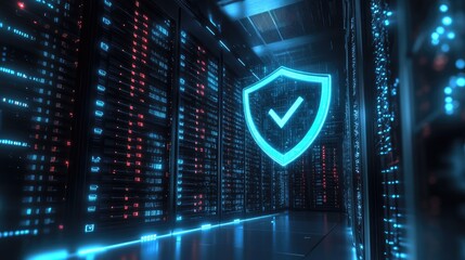 Poster - Advanced cybersecurity infrastructure with shield icon representing data protection in a modern server room