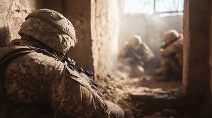 A group of soldiers, clad in camouflage, engage in tactical maneuvers within a sunlit, dusty room, emphasizing readiness and vigilance in combat scenarios.