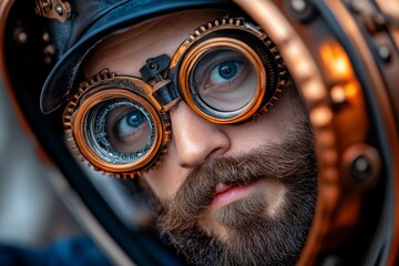 Poster - Fantasy mechanical engineer working on a steampunk machine, with intricate gears, copper pipes, and a blend of old and futuristic technology