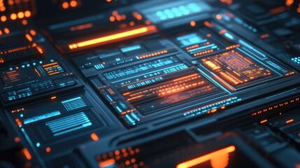 Poster - Futuristic digital interface showcasing advanced technology with neon accents and complex patterns