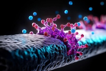 Poster - Fantasy-themed human cell membrane, with glowing, magical ion channels transporting colorful energy particles through a vibrant, enchanted membrane