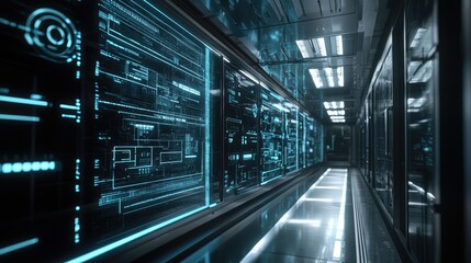Poster - Exploring the futuristic aesthetic of a high-tech data center with neon elements and sleek design