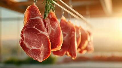 Juicy, raw meat cuts dangle in a neat row under warm lighting, highlighting freshness and quality, reminiscent of traditional butchery displays in stores.