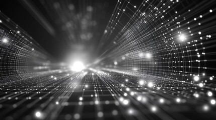 Poster - A futuristic 3D render of an abstract digital network with glowing dots and light rays against a black backdrop. The scene showcases a complex, high-tech structure of geometric grids and white data fl