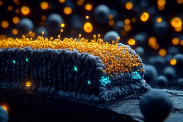 Poster - Futuristic depiction of ion transport, with holographic interfaces showing real-time ion movements through synthetic cell membranes