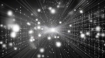 Poster - A futuristic 3D render of an abstract digital network with glowing dots and light rays against a black backdrop. The scene showcases a complex, high-tech structure of geometric grids and white data fl