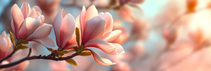 Canvas Print - Beautiful magnolia flowers bloom softly in spring. Their delicate petals show shades of pink and white. A serene and vivid nature scene perfect for any design project. AI