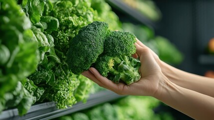 An individual carefully holds a fresh head of broccoli among lush green leaves in a market setting, emphasizing the importance of healthy eating and sustainability.