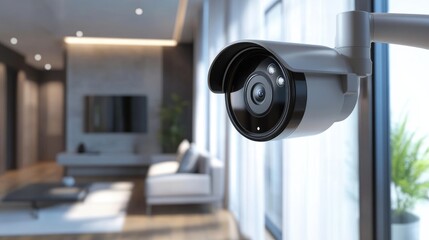 Poster - surveillance camera in modern living room enhancing home security and monitoring safety