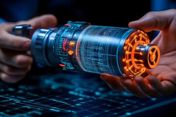 Poster - Futuristic holographic blueprint of a machine, with a mechanical engineer manipulating the design in mid-air using advanced touch controls
