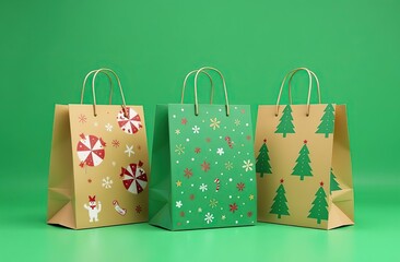 pattern of paper bags on green . holiday sale concept