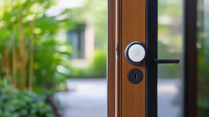 Poster - A modern wooden door with smart lock mechanism in a lush green environment