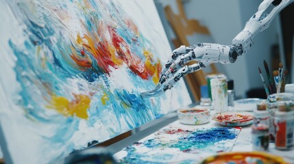 Leinwandbilder - An advanced robotic painter creating abstract art in a modern art studio, clean and creative environment with a focus on artistic robotics, Artistic style