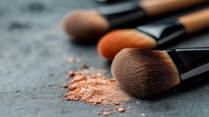 This image showcases a close-up view of several makeup brushes with brown and pink bristles, alongside a sprinkling of powder on a textured black surface.