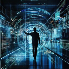 Poster - Exploring the future a man interacting with digital technology in a futuristic environment
