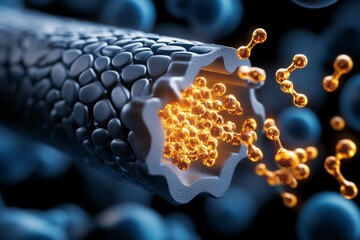 Poster - Human cell membrane under a microscope, with ion channels open and glowing ions passing through the channels, visualizing active transport