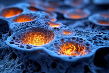 Poster - Human cell membrane under a microscope, with ion channels open and glowing ions passing through the channels, visualizing active transport
