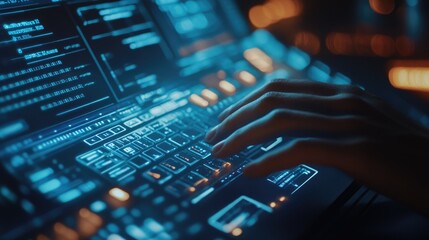 Poster - futuristic technology interface a close-up view of hands interacting with a high-tech keyboard displ