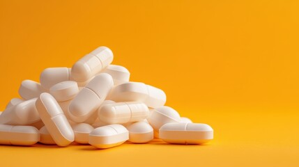 Wall Mural - a large pile of white capsules stacked against a bright orange background, showcasing the concept of