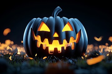 Poster - Hyper-realistic close-up of a glowing jack-o'-lantern, with every detail of the carved face and flickering candlelight captured in stunning clarity