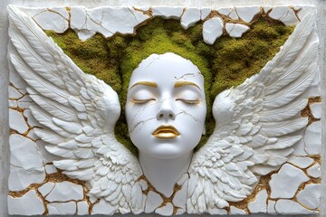 Poster - Hyper-realistic close-up of an angelâ€™s face, with every crack in the stone and soft moss growing along the edges, creating an ancient, peaceful feel