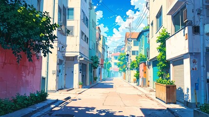 Cute summer street perspective anime style with pastel colors background