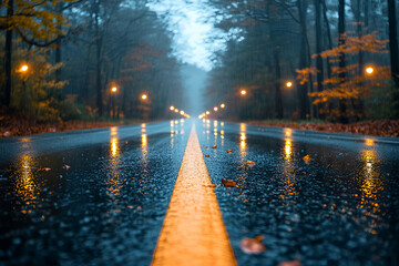 A serene, rainy road lined with trees, reflecting lights and autumn leaves, creating a peaceful, atmospheric view.