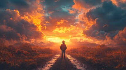 Poster - A person stands on a road in front of a sunset