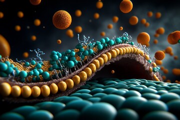 Poster - Illustration of the fluid mosaic model, with ion channels embedded in the cell membrane, showing detailed phospholipids and protein structures
